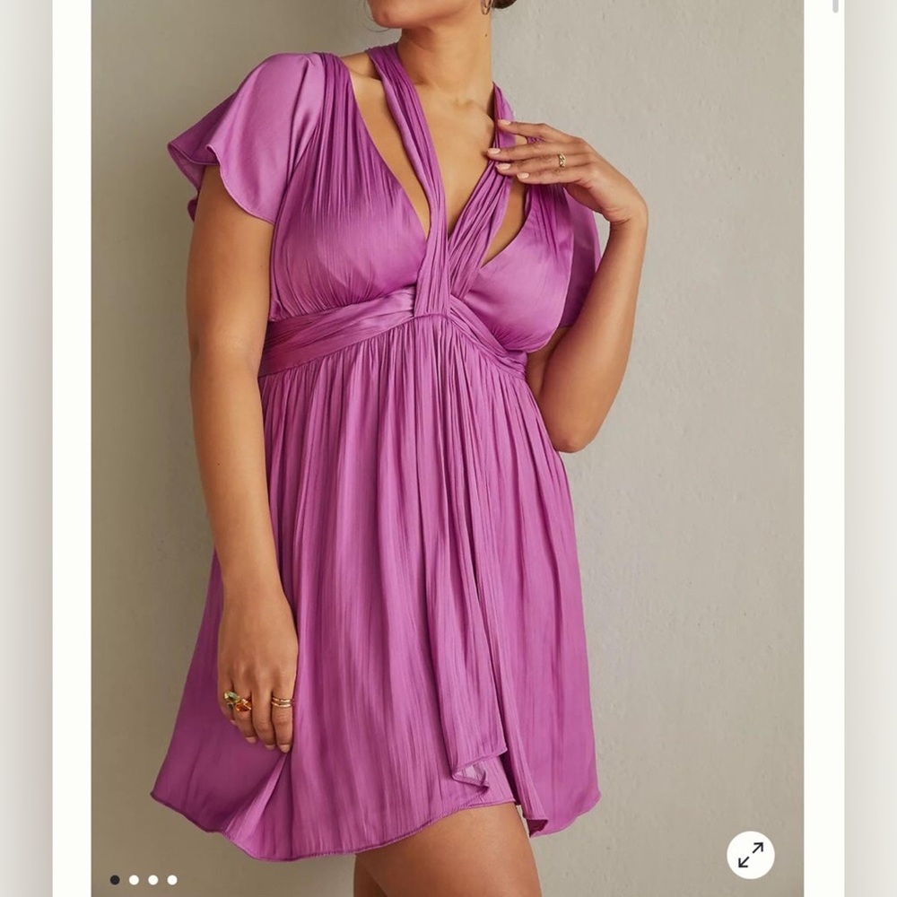 NWT Stunning Anthropologie Deep V-neck Vibrant Purple Satin Mini Dress Sz 6